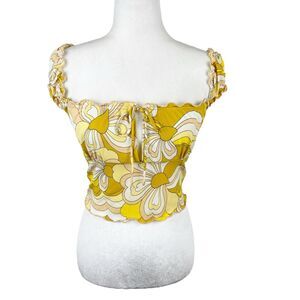 Urban Outfitters Blouse Women Medium Yellow Retro Floral Ruffled Cap Cropped
